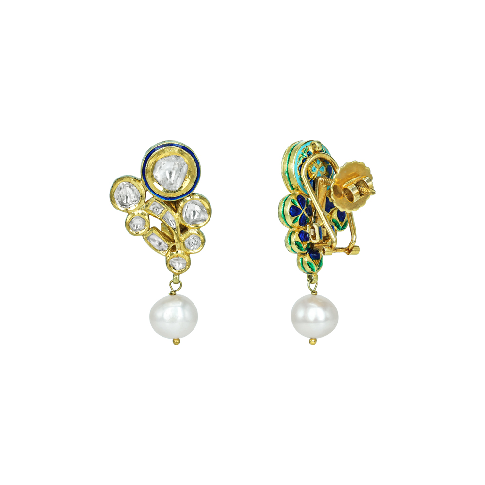 Floral Polki Earrings with Blue Enamel and Pearl Drop